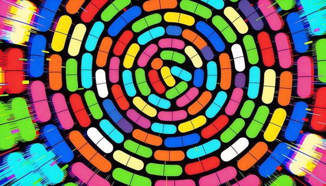 Rotating rainbow capsule spiral with glitch streaks, vibrant circular mosaic