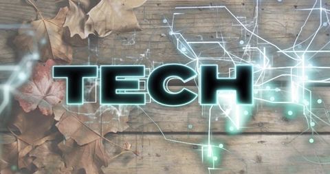 Neon TECH lettering on rustic wooden planks with autumn leaves and glowing circuit lines