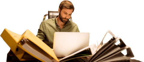 Transparent businessman focusing on work with files and laptop