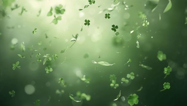 Floating clover leaves and four-leaf clovers drifting in misty green bokeh light