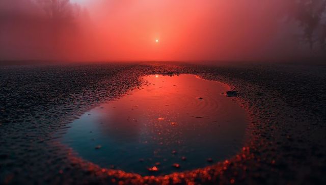 Serenity at Dawn: Puddle Reflecting Vibrant Red Sunrise on Gravel