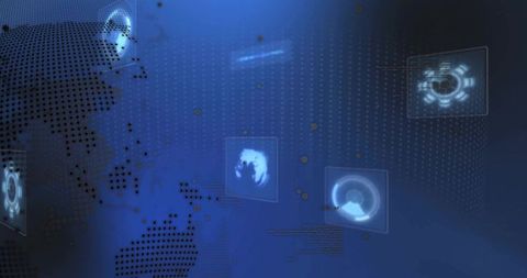 Displaying Global Network Interface with Holographic HUD Panels and Dotted World Map