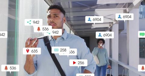 Commuter speaking into smartphone amid floating social notifications in transit corridor
