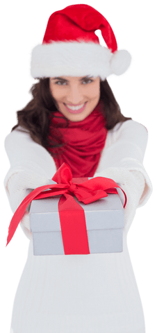 Woman Offering Gift in Santa Hat With Transparent Background
