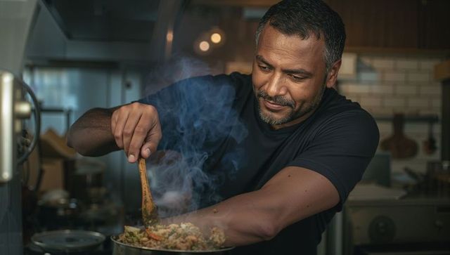 Middle-aged man stirring steaming skillet, cooking comfort food in cozy home kitchen