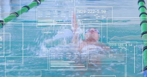 Swimmer Backstroking in Pool with Digital Data Analysis Overlays