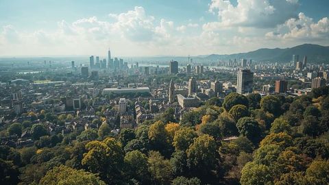 British empire modern cityscape with skyline and riverside from hillside viewpoint