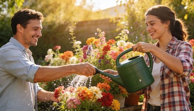 Couple watering backyard garden at golden hour smiling while tending colorful blooms