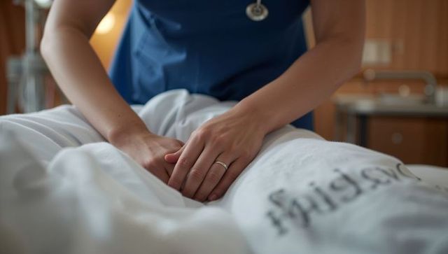 Nurse resting hands on embroidered blanket bedside, conveying compassion and comforting care