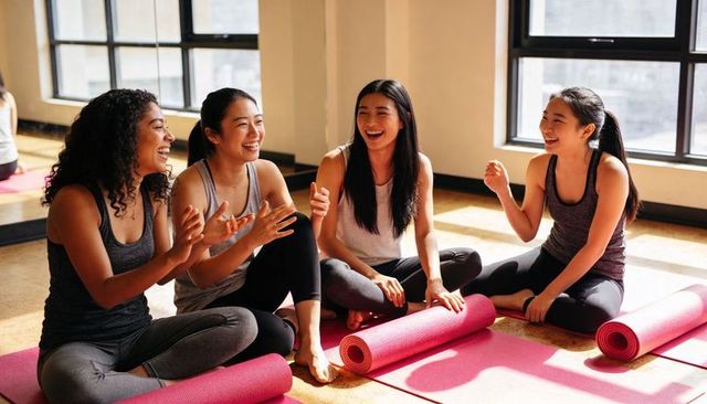Women Laughing and Chatting on Pink Yoga Mats in Bright Urban Wellness Studio