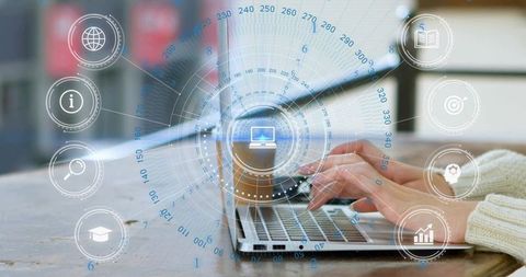 Hands Typing on Laptop with Holographic Digital Icons Overlay for Remote Learning Concept