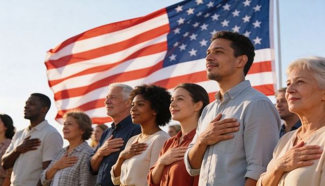 Multiethnic adults placing hands over hearts facing american flag at patriotic ceremony