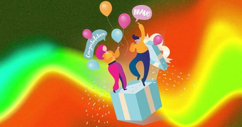 Celebratory dance on gift box with colorful abstract background