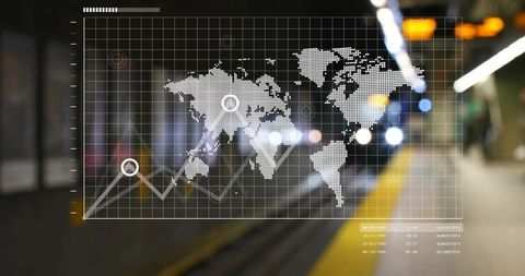 Displaying futuristic digital world map hud overlay blurred subway platform with data graph