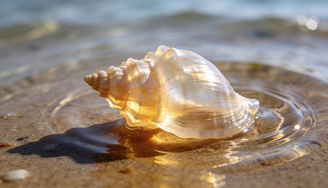 Pearly conch shell glinting in golden sunlight on wet sand with rippling water