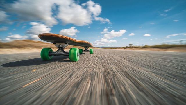 Low-angle longboard cruising with vibrant green wheels on open desert road, motion blur