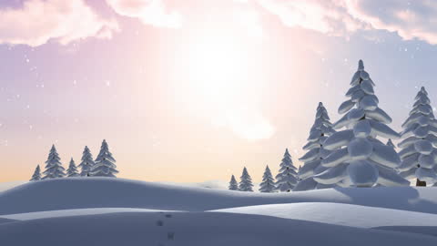 Peaceful Winter Wonderland with Falling Snow at Sunset