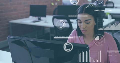 Woman with Headset Studying Data Dashboards at Modern Open Office with HUD Overlays