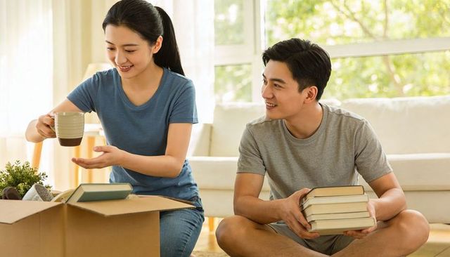 Couple unpacking boxes in bright living room, arranging books and ceramic mug for cozy home