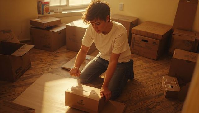Young man sealing moving boxes on hardwood floor in sunlit minimalist apartment