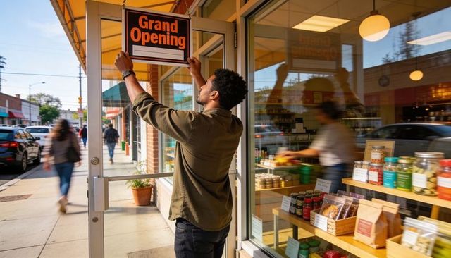 Independent shop owner hanging grand opening sign on urban retail door with jars on shelves