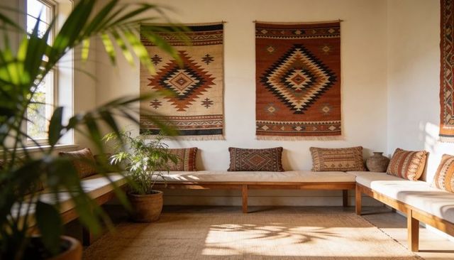 Sunlit bohemian lounge with kilim tapestries and l-shaped bench seating for cozy minimalist interior