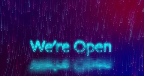 Neon we're open sign with digital rain and reflections