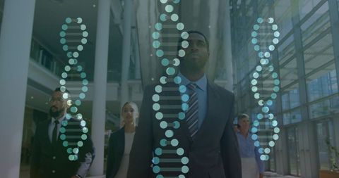 Corporate leader walking through modern glass atrium with dna double helix overlay