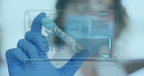 Researcher Holding Vaccine Vial with Futuristic Digital Interface