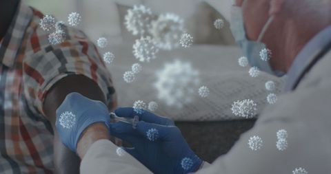 Patient receiving covid-19 vaccination with virus overlay