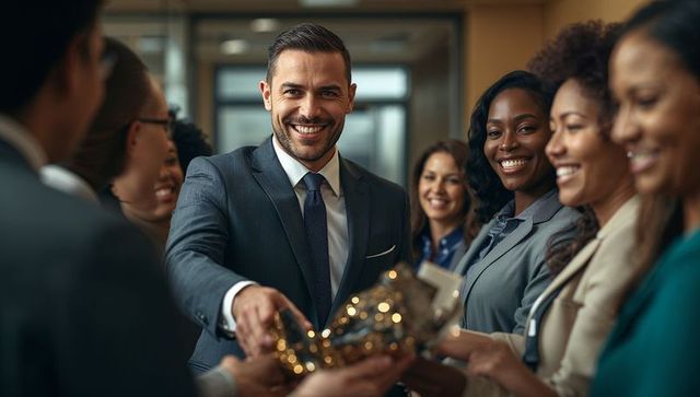 Professional Celebrating with Gift Exchange in Corporate Setting