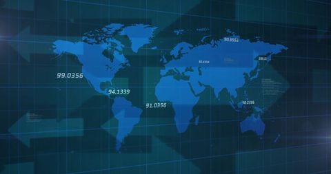 Futuristic World Map with Digital Data Points and Arrows
