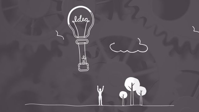 Digital illustration featuring a person with raised arms, a hot air balloon labeled 'idea', outlined gears, and simple drawings of trees and clouds. Perfect for concept-focused presentations, technology innovation content, creativity-themed materials, and brainstorming sessions.