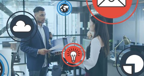 Collaborative Business Strategy Meeting with Technology Icons