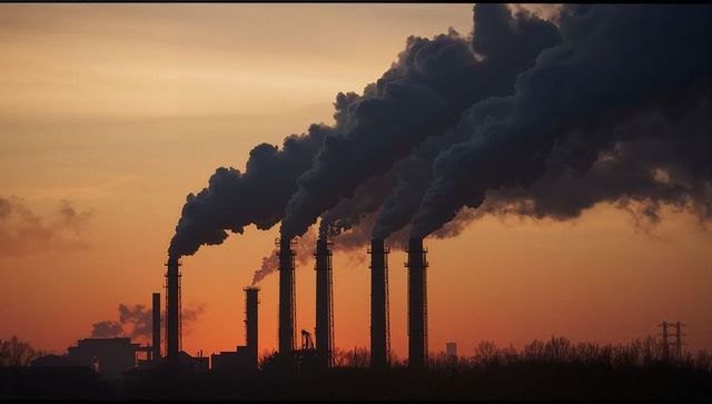 Industrial Smokestacks Emitting Dark Smoke at Sunset