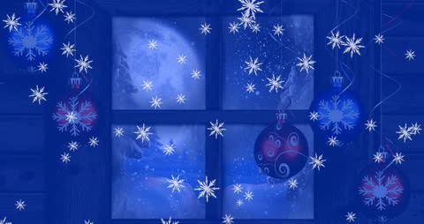 Enchanting Winter Scene with Falling Snowflakes and Christmas Baubles