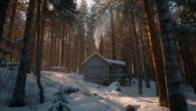 Serene Cabin with Smoky Chimney in Snowy Forest Retreat