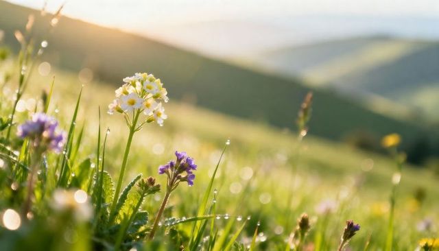 Sunlit wildflowers glowing and sparkling with morning dew, white and purple blooms in meadow