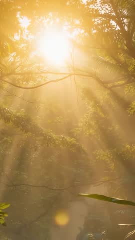 Golden Sunlight Filtering Through Forest Canopy at Dawn Misty Vertical Nature Video