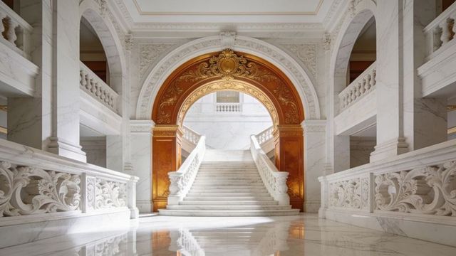 Grand marble staircase rising under gilded arch in beaux-arts palace interior