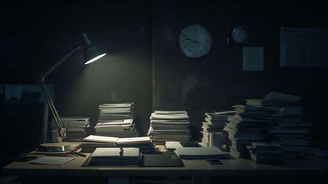 Cluttered Office Desk with Stacks of Papers and Files in Dim Light