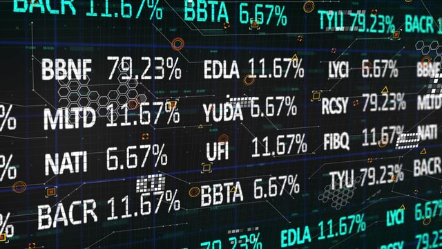 Animated visualization of stock market data displaying various percentages and ticker symbols in a digital interface. Ideal for illustrating concepts related to finance, global economic trends, trade, investment analysis, financial news reporting, and technological representation of market data.