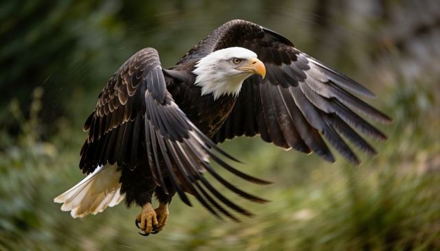 Soaring bald eagle spreading wings showing talons over blurred green habitat close-up
