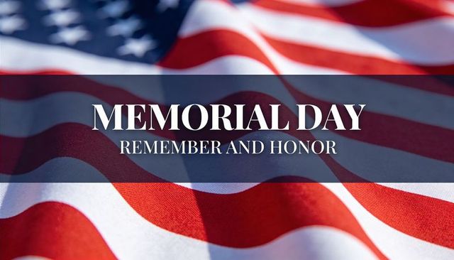 Memorial day tribute • waving american flag with remember and honor banner, fabric closeup