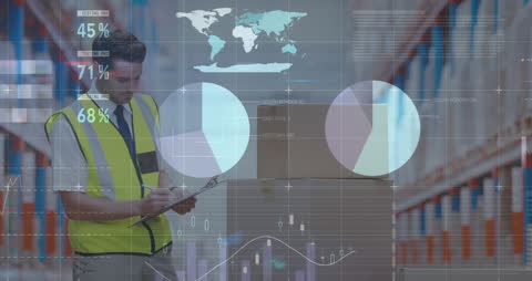 Warehouse Worker Analyzing Financial Data with Graphs