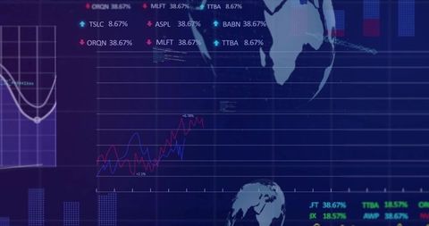 Neon holographic trading dashboard with dual-line charts, global map and percent tickers