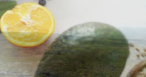 Fresh Orange and Avocado with Seeds on Open Plains Background