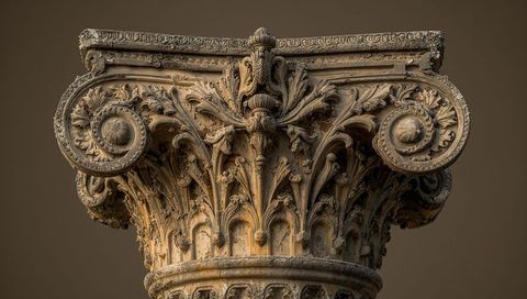 Ornate Corinthian Capital Featuring Acanthus Leaf Carvings, Volutes and Weathered Patina