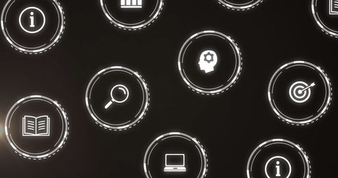 Business and technology icons on black digital interface