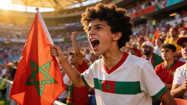 Young moroccan football fan cheering and waving flag in stadium at golden hour